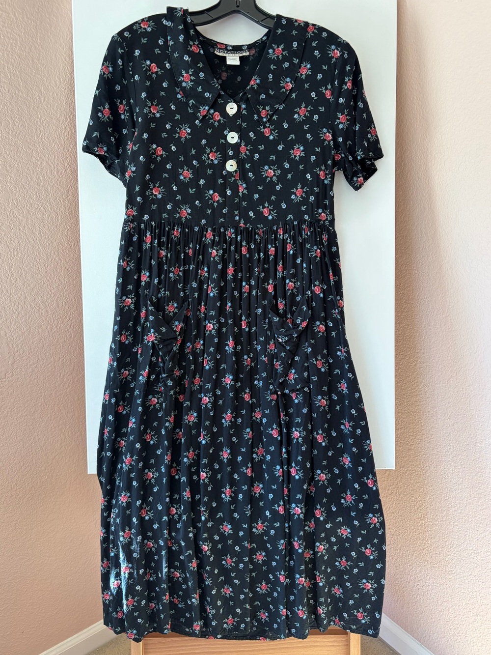 VTG 90s Notations Black Floral Rayon Grunge Midi Dress Pockets M